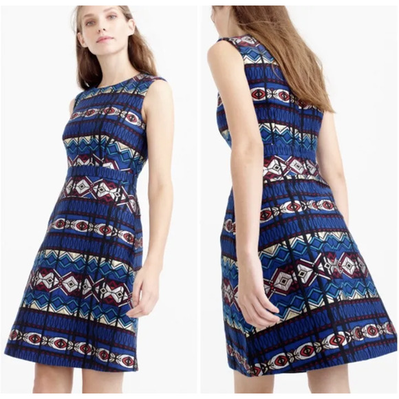 J. Crew Mini Dress 2 Small Blue Geometric Jacquard Fit And Flare Windowpane - Picture 3 of 11